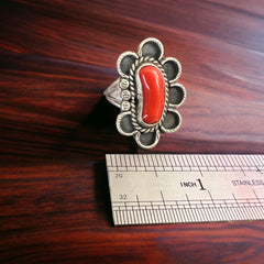 Coral ring on hand stamped sterling silver - Native signed A Chapo - size 7 - Cowhide and Conchos