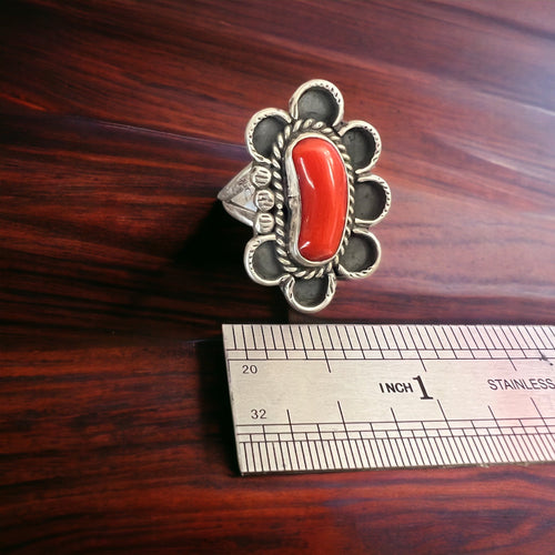 Coral ring on hand stamped sterling silver - Native signed A Chapo - size 7 - Cowhide and Conchos