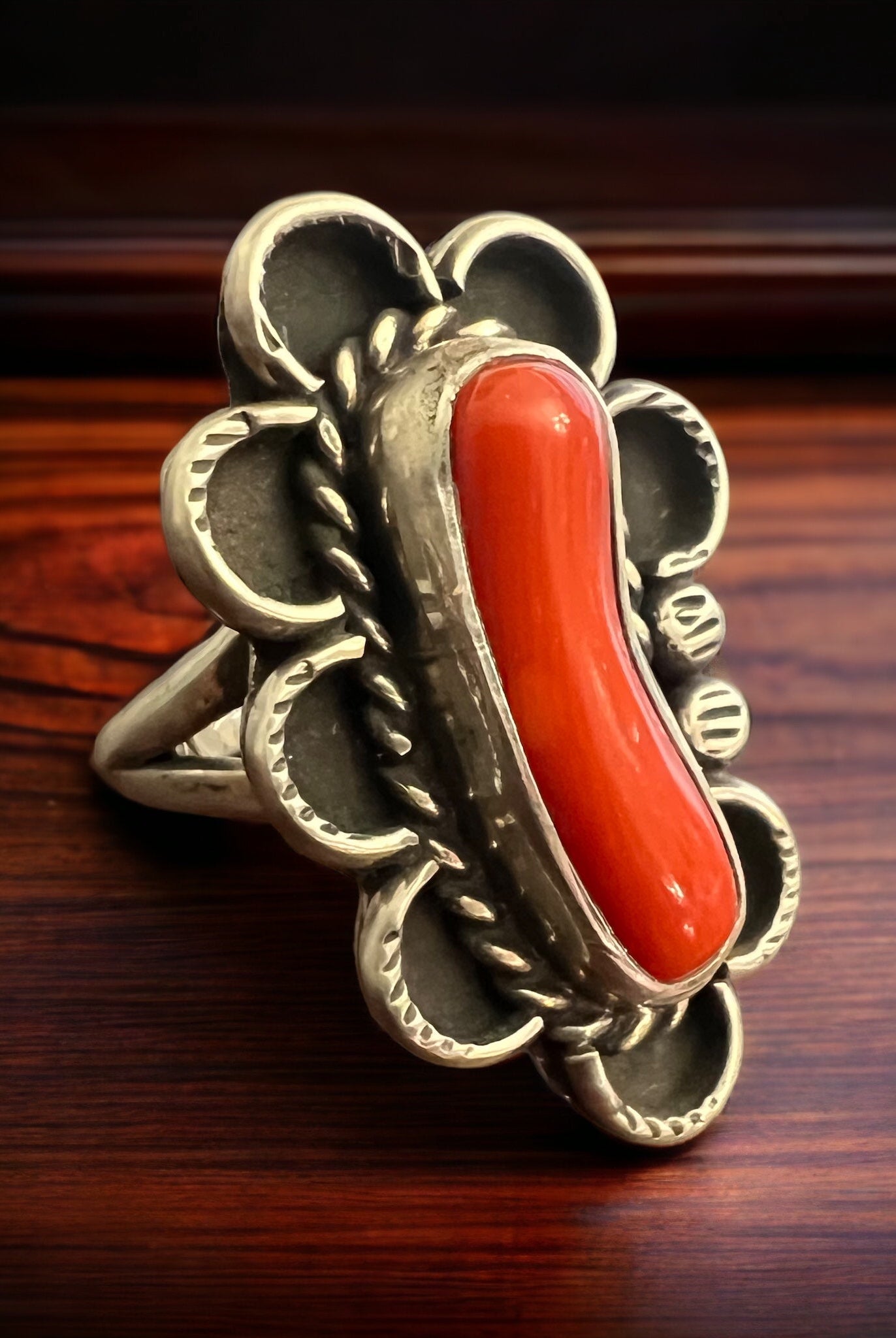 Coral ring - signed A Chapo on hand stamped sterling - size 7 - Cowhide and Conchos