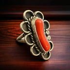 Coral ring - signed A Chapo on hand stamped sterling - size 7 - Cowhide and Conchos
