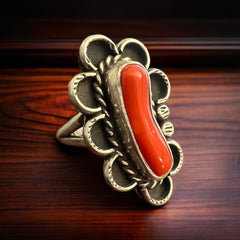 Coral ring - signed A Chapo on hand stamped sterling - size 7 - Cowhide and Conchos
