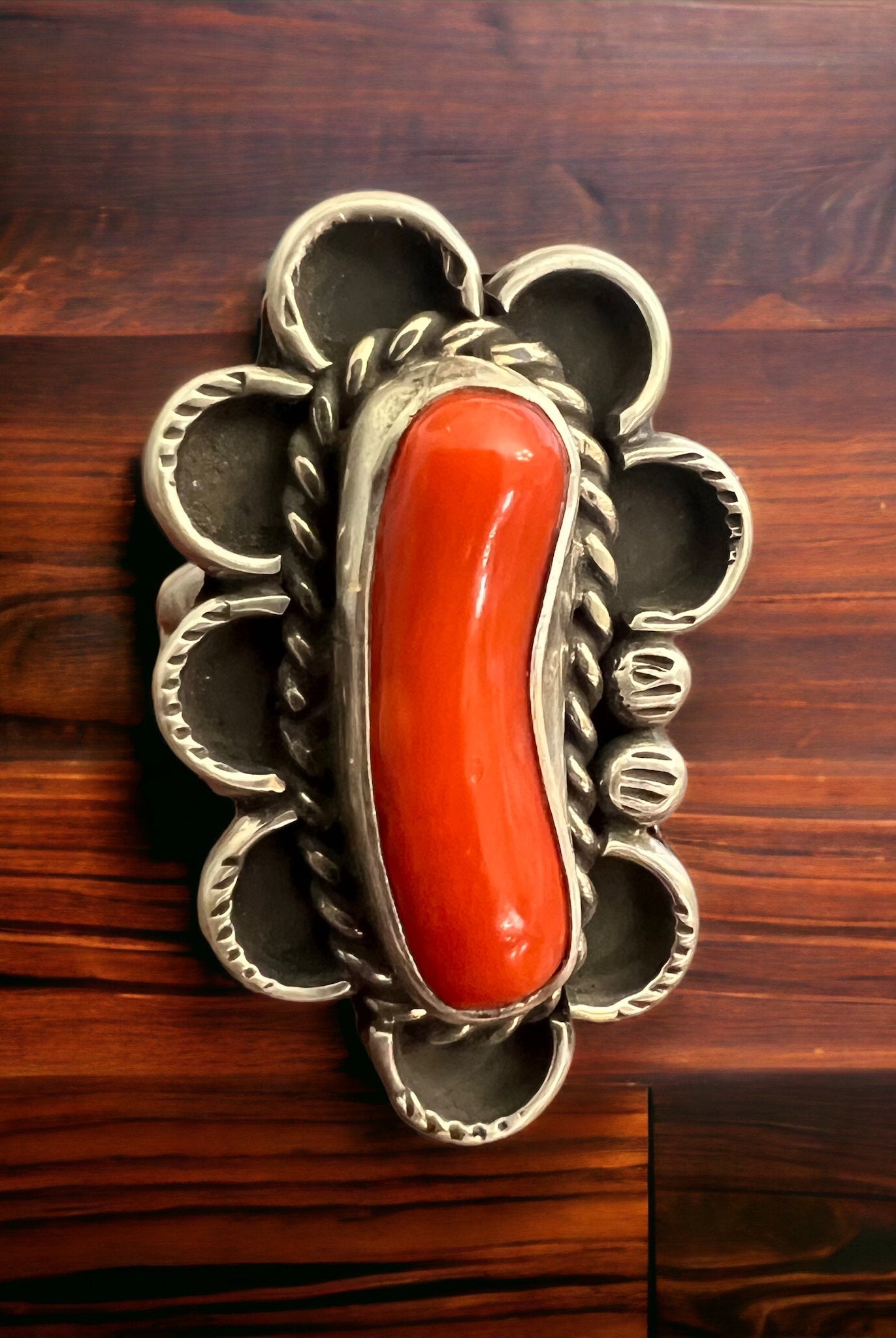 Coral ring - signed A Chapo on hand stamped sterling - size 7 - Cowhide and Conchos