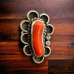 Coral ring - signed A Chapo on hand stamped sterling - size 7 - Cowhide and Conchos