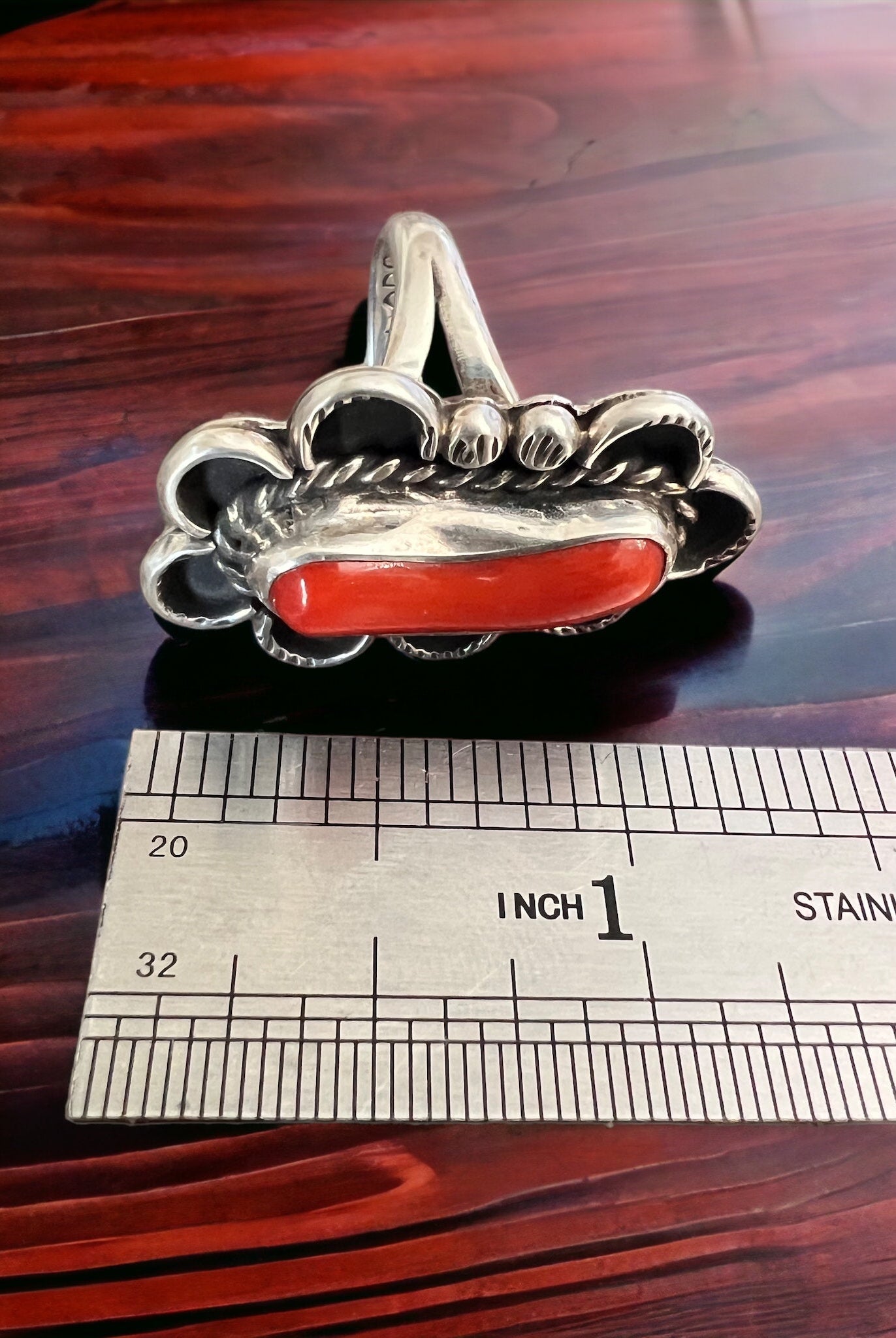 Coral ring - signed A Chapo on hand stamped sterling - size 7 - Cowhide and Conchos