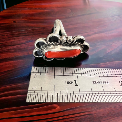 Coral ring - signed A Chapo on hand stamped sterling - size 7 - Cowhide and Conchos