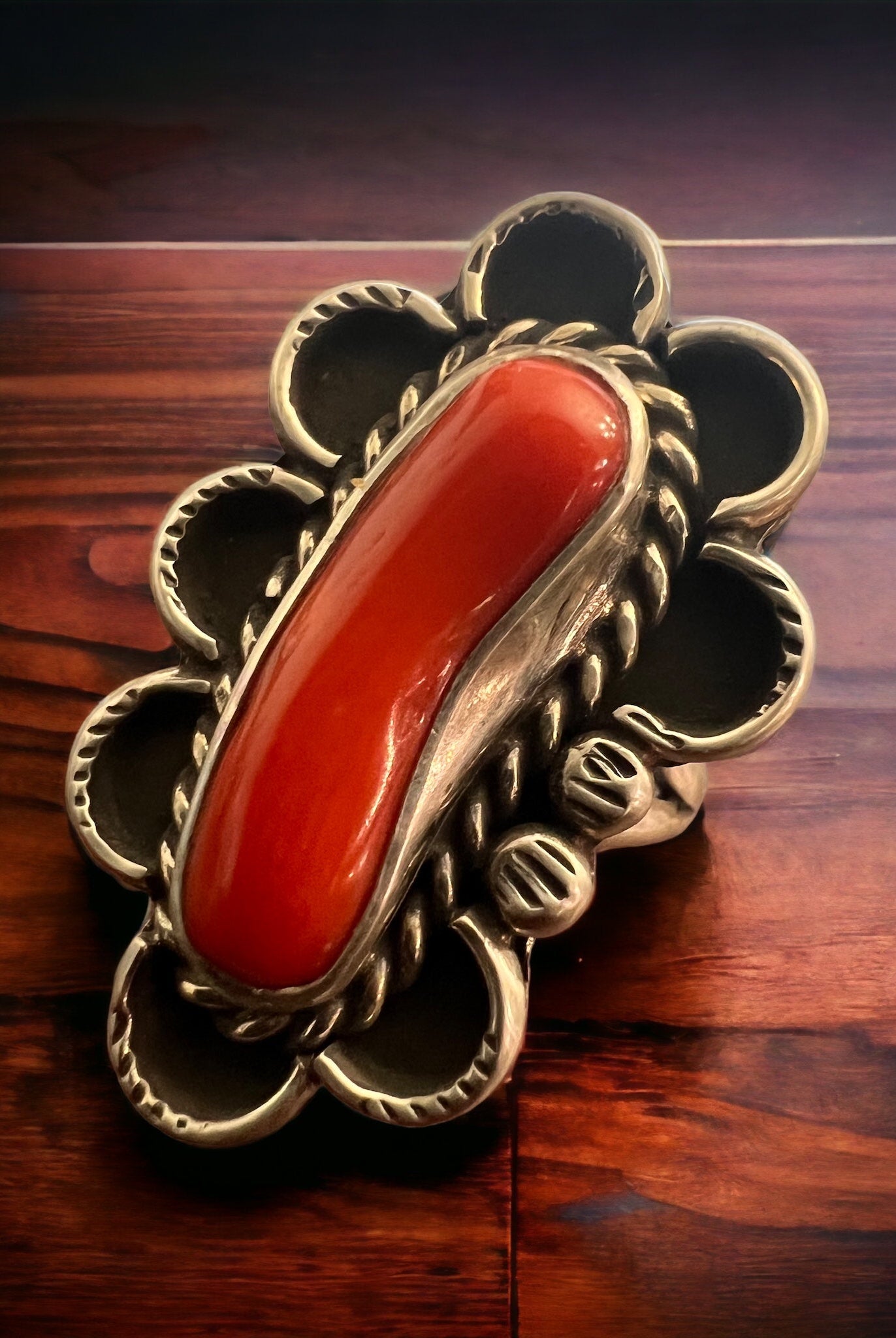 Coral ring - signed A Chapo on hand stamped sterling - size 7 - Cowhide and Conchos