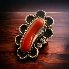 Coral ring - signed A Chapo on hand stamped sterling - size 7 - Cowhide and Conchos