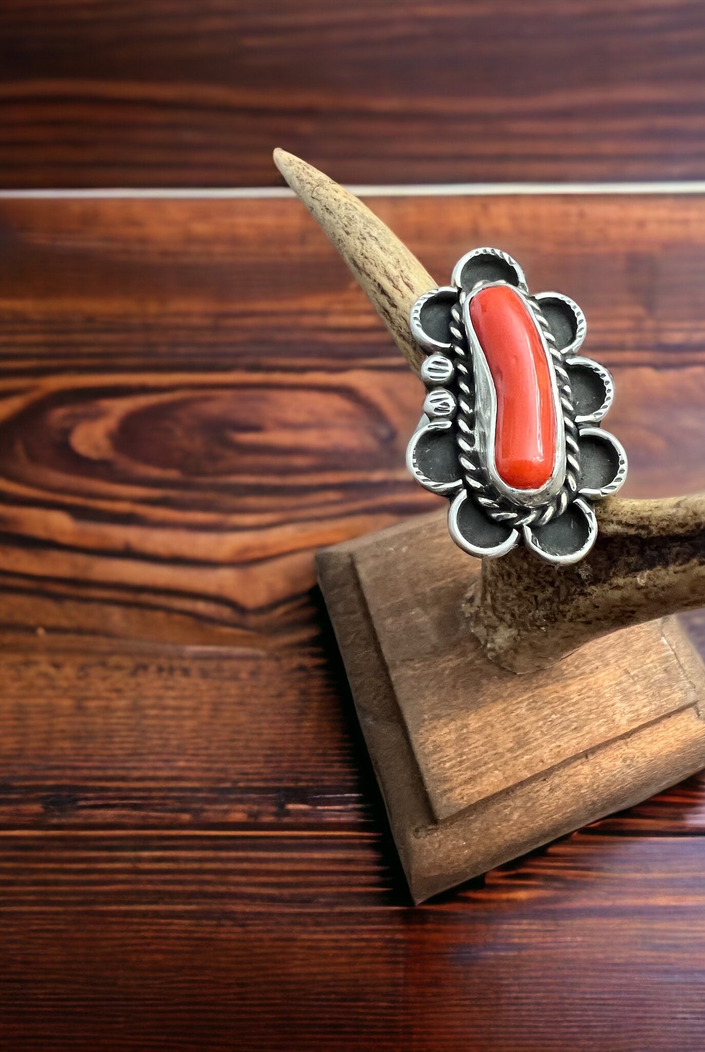 Coral ring - signed A Chapo on hand stamped sterling - size 7 - Cowhide and Conchos