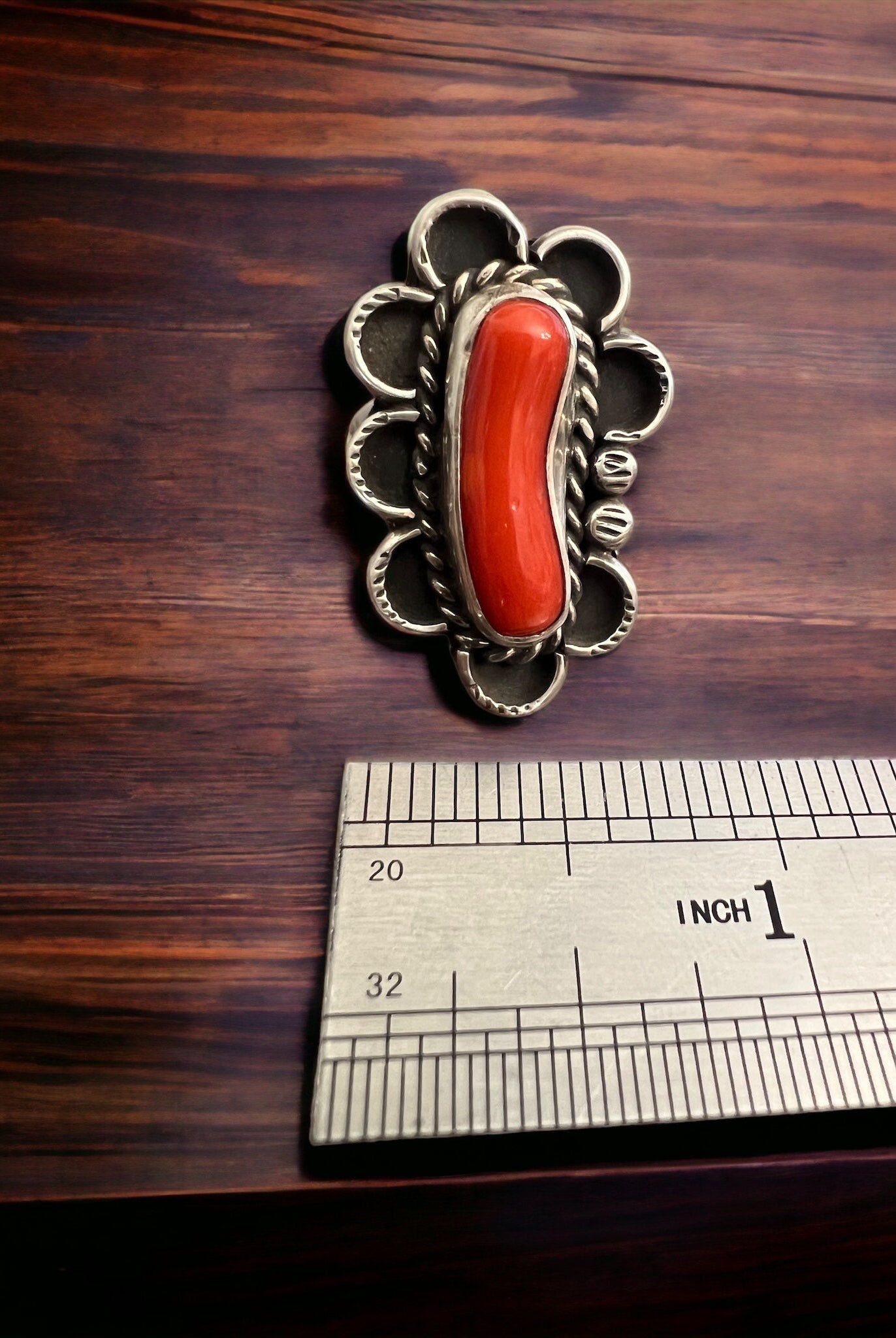 Coral ring - signed A Chapo on hand stamped sterling - size 7 - Cowhide and Conchos