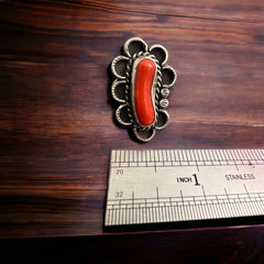 Coral ring - signed A Chapo on hand stamped sterling - size 7 - Cowhide and Conchos