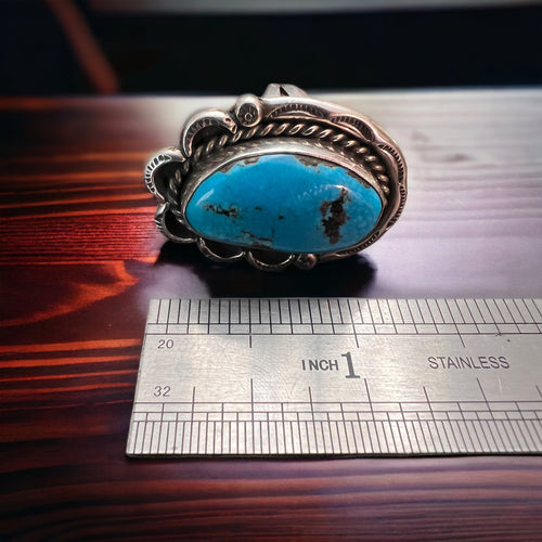 Gorgeous large blue turquoise cabochon ring on sterling - Size 7 - Cowhide and Conchos