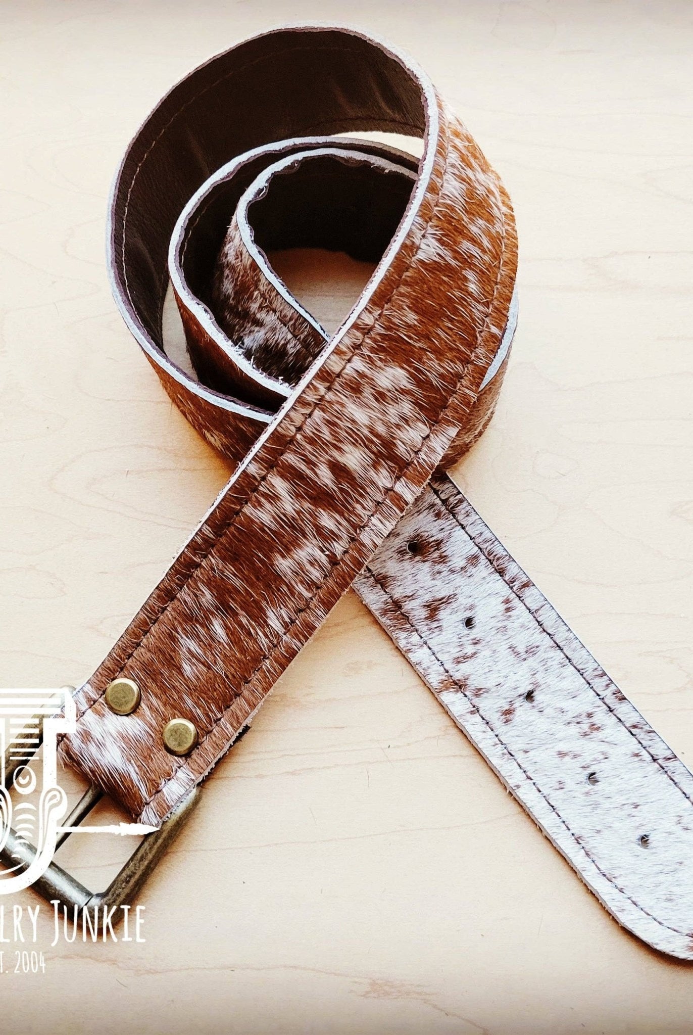 Hair on Hide Tan Brindle Leather Belt with Antique Belt Buckle - Large/XL - Cowhide and Conchos