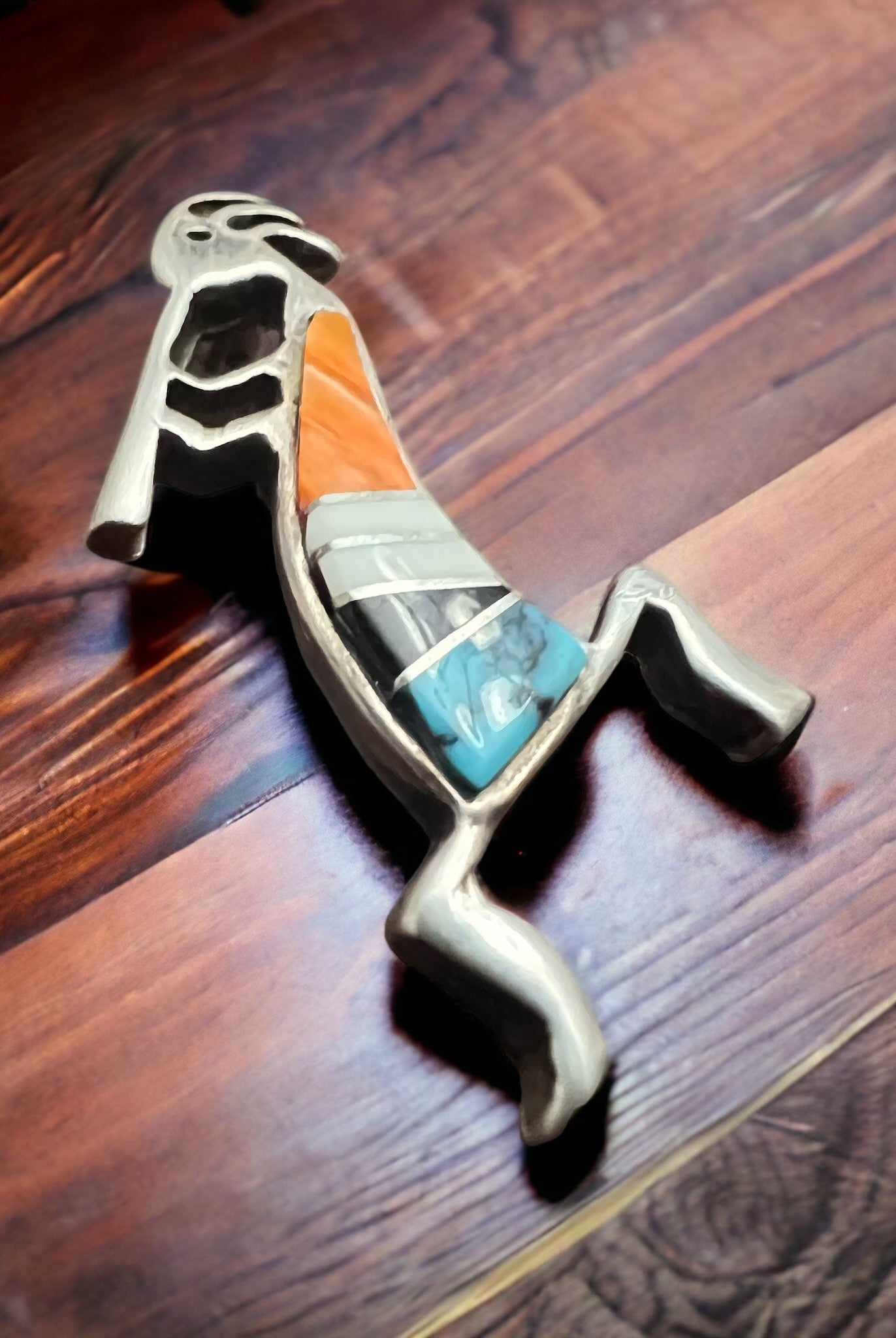 Kokopelli inlay brooch - signed by artist - Cowhide and Conchos