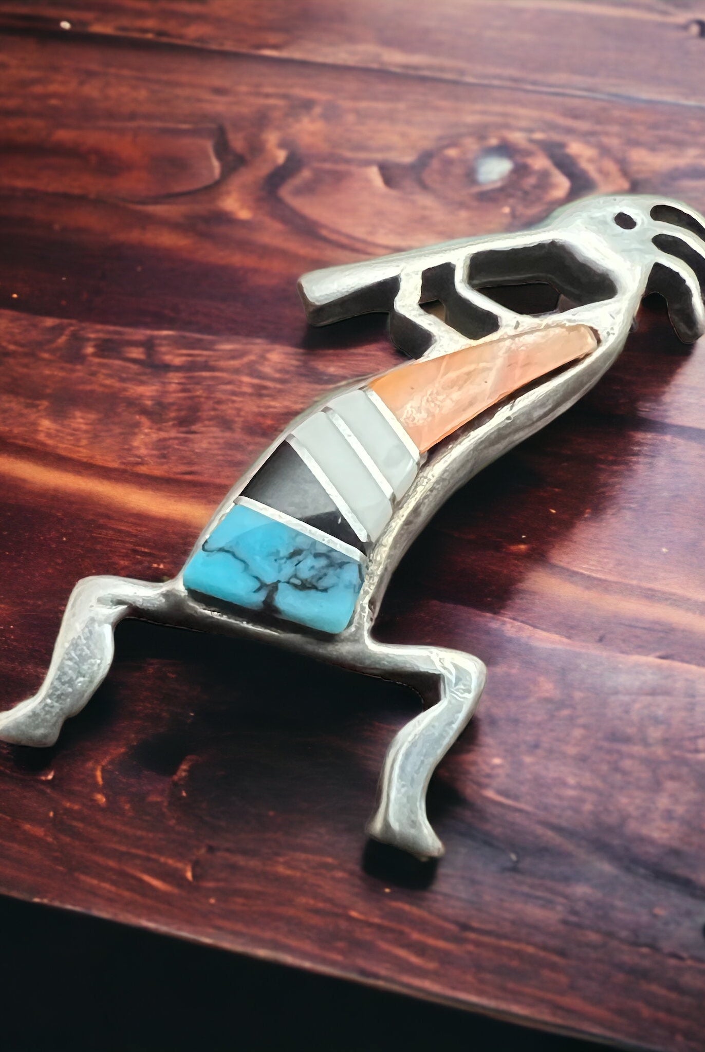 Kokopelli inlay brooch - signed by artist - Cowhide and Conchos