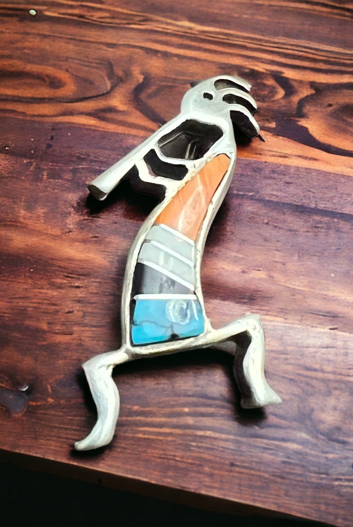 Kokopelli inlay brooch - signed by artist - Cowhide and Conchos