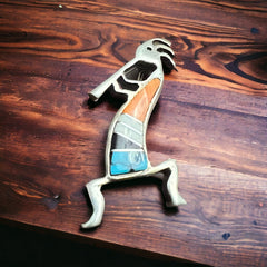 Kokopelli inlay brooch - signed by artist - Cowhide and Conchos