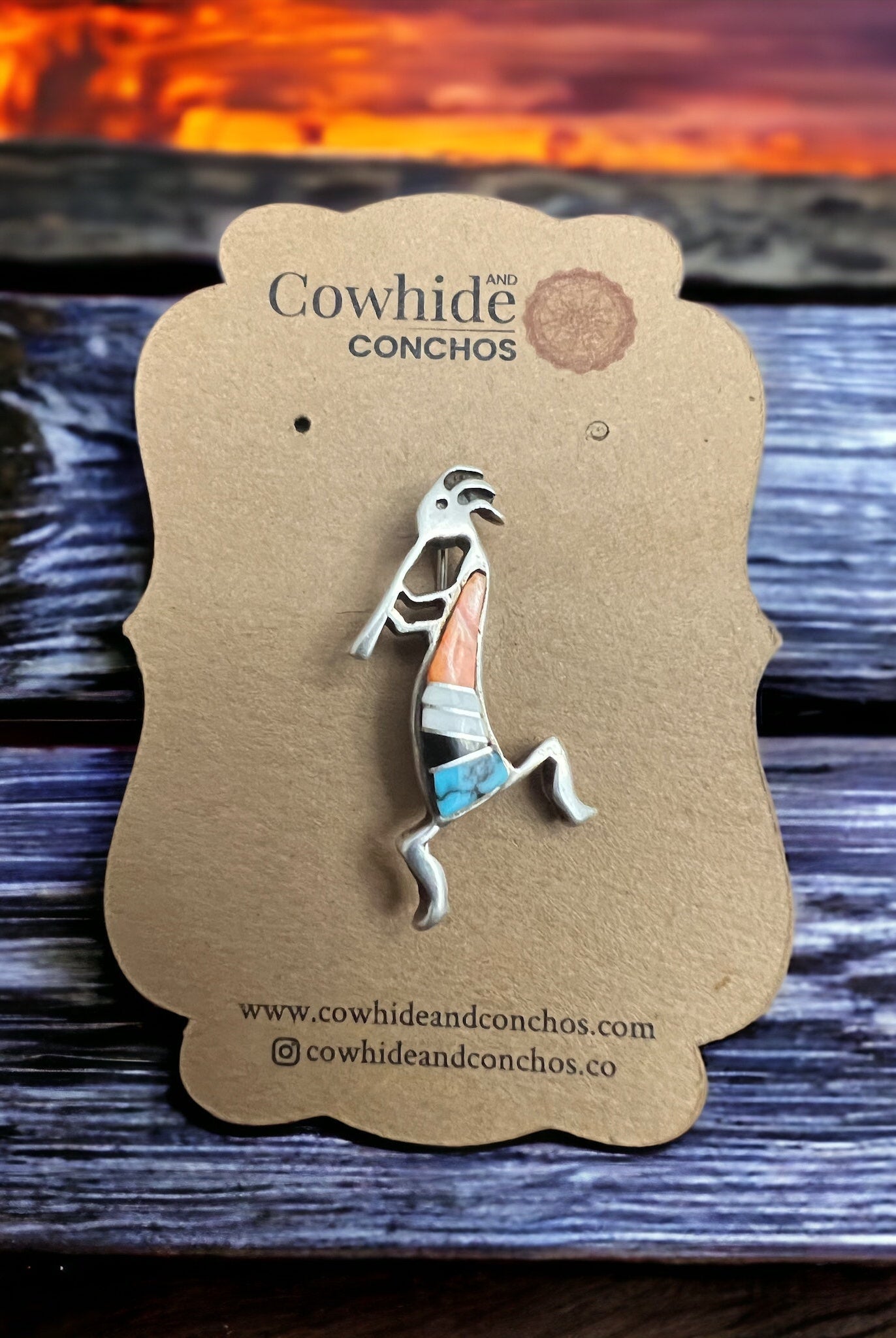 Kokopelli inlay brooch - signed by artist - Cowhide and Conchos