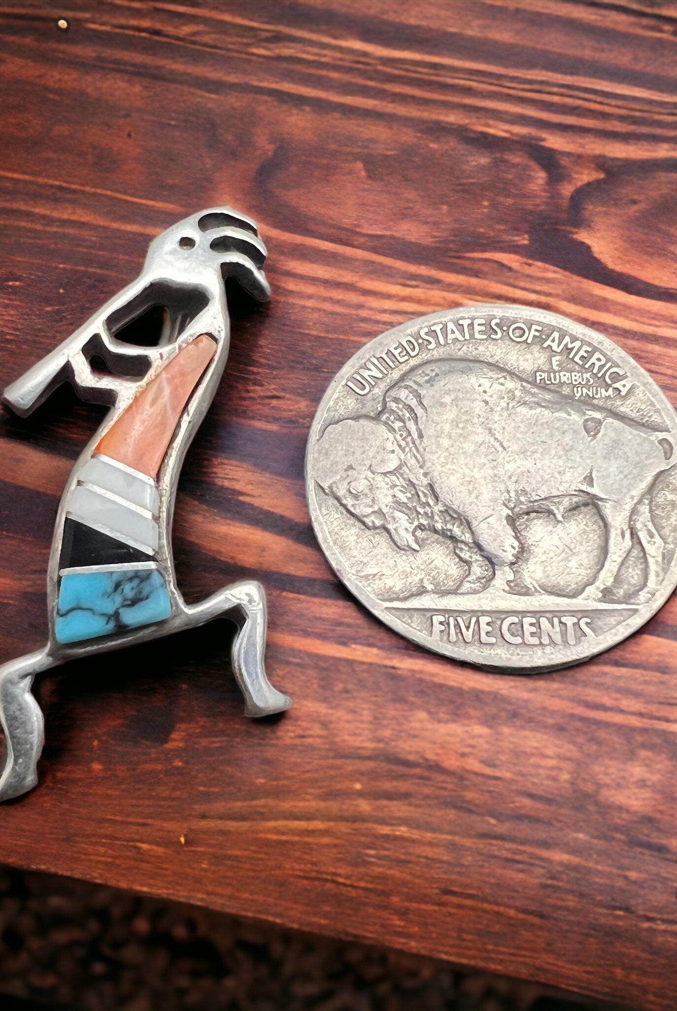 Kokopelli inlay brooch - signed by artist - Cowhide and Conchos