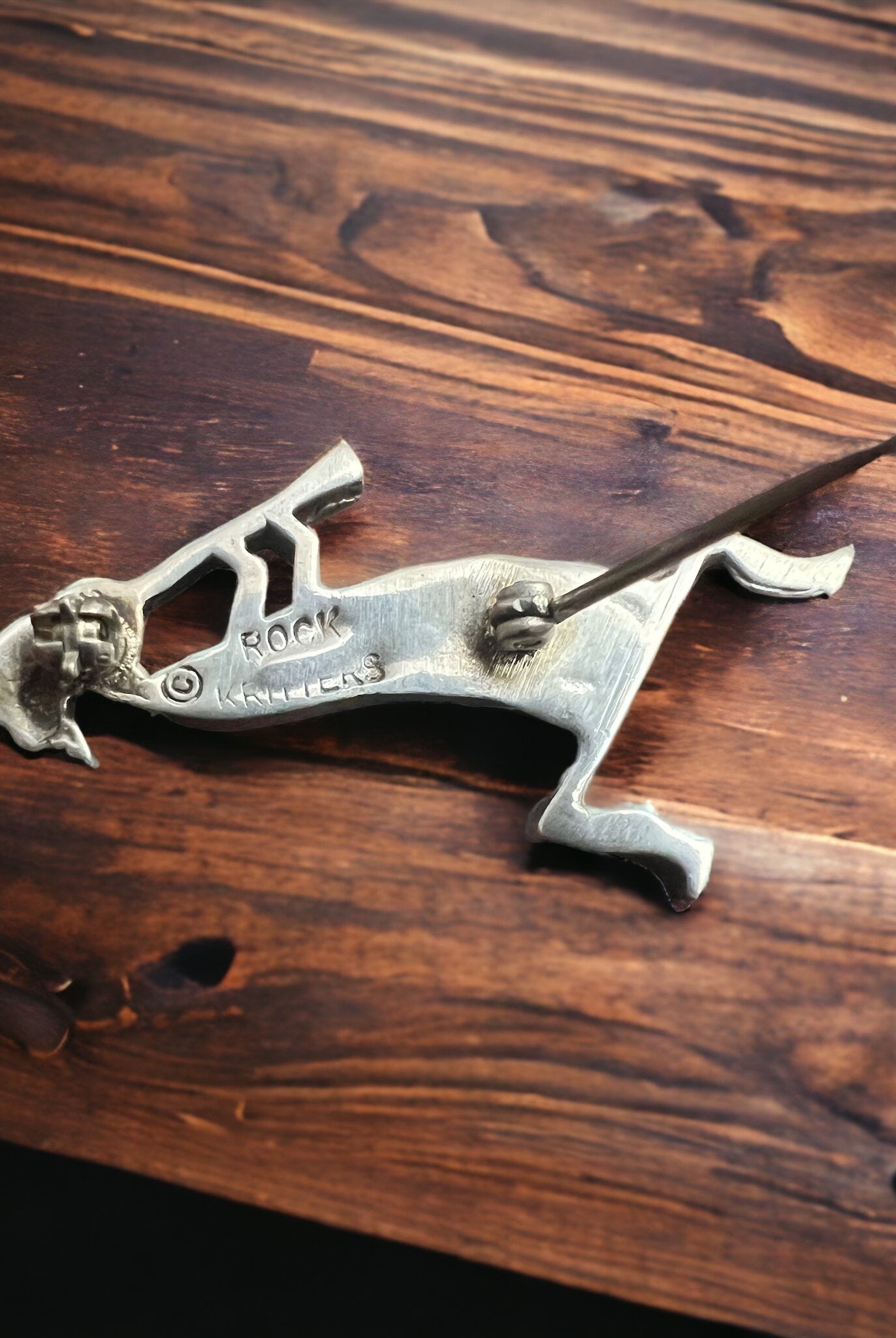 Kokopelli inlay brooch - signed by artist - Cowhide and Conchos