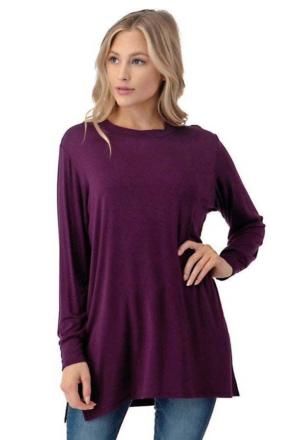 Long Sleeve Double Side Slit Tunic: Eggplant - Small and medium available - Cowhide and Conchos