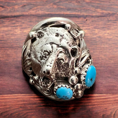 Native American Sterling Silver Navajo Turquoise Bear Ring - Size 10 - Cowhide and Conchos