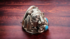 Native American Sterling Silver Navajo Turquoise Bear Ring - Size 10 - Cowhide and Conchos