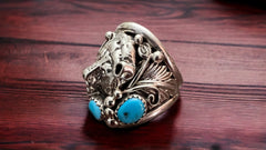 Native American Sterling Silver Navajo Turquoise Bear Ring - Size 10 - Cowhide and Conchos