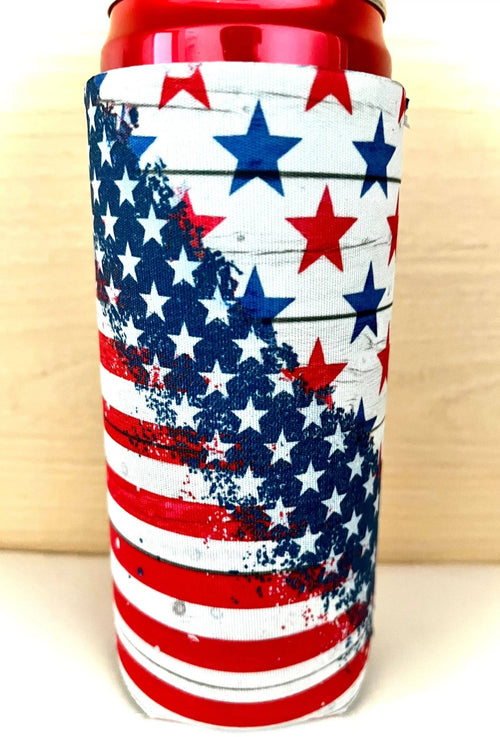 Old Glory USA Flag Print Slim Can Koozie - Cowhide and Conchos