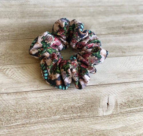 Rustic Sunflower Large Scrunchie - Cowhide and Conchos
