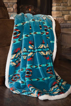 Southwestern Aztec Turquoise Plush Fur Sherpa Borrego Fleece Throw Blanket - Cowhide and Conchos