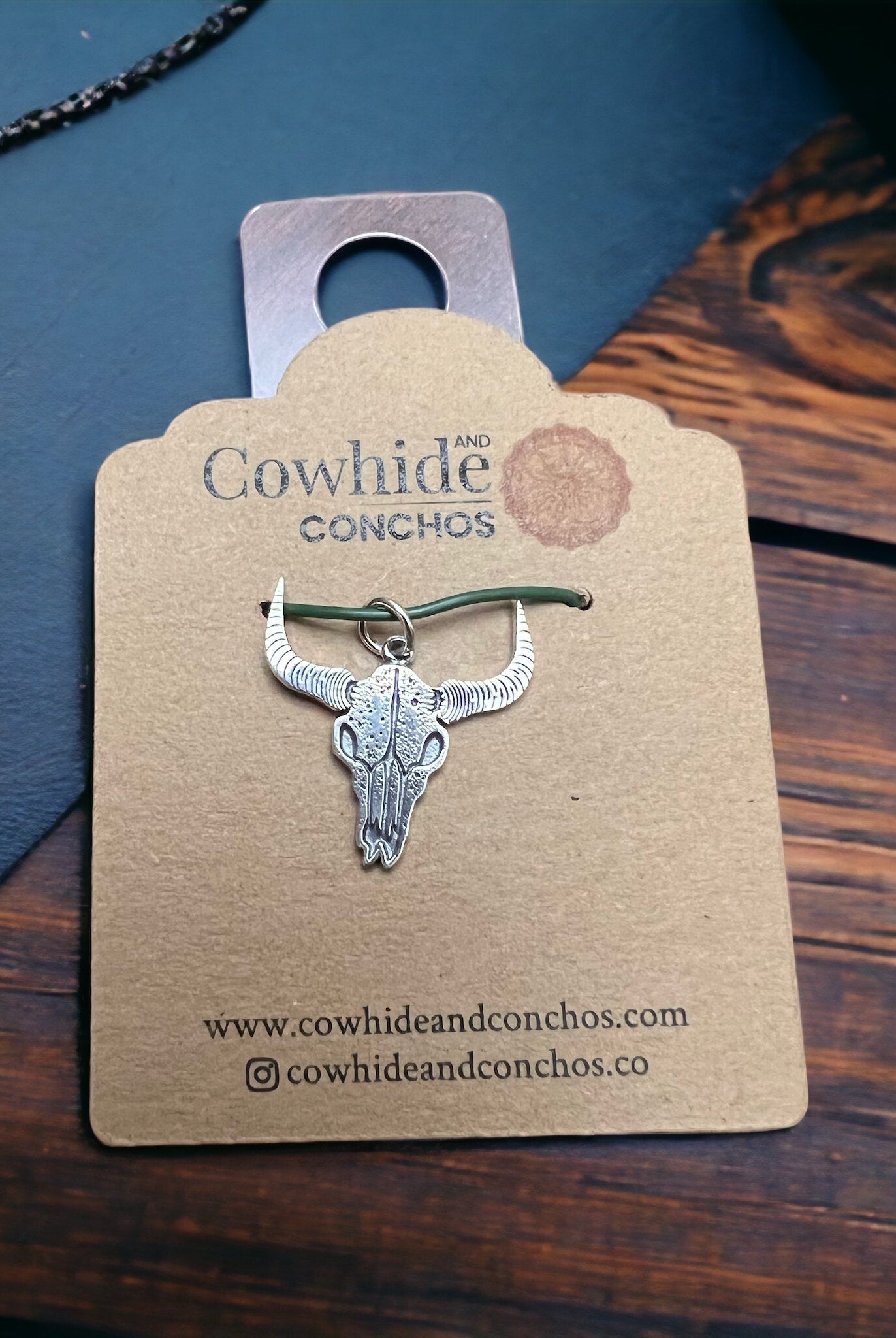 Sterling cow skull charm/pendant - Cowhide and Conchos