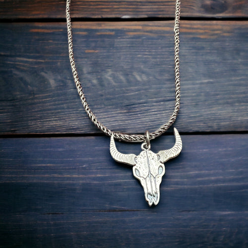 Sterling cow skull charm/pendant - Cowhide and Conchos
