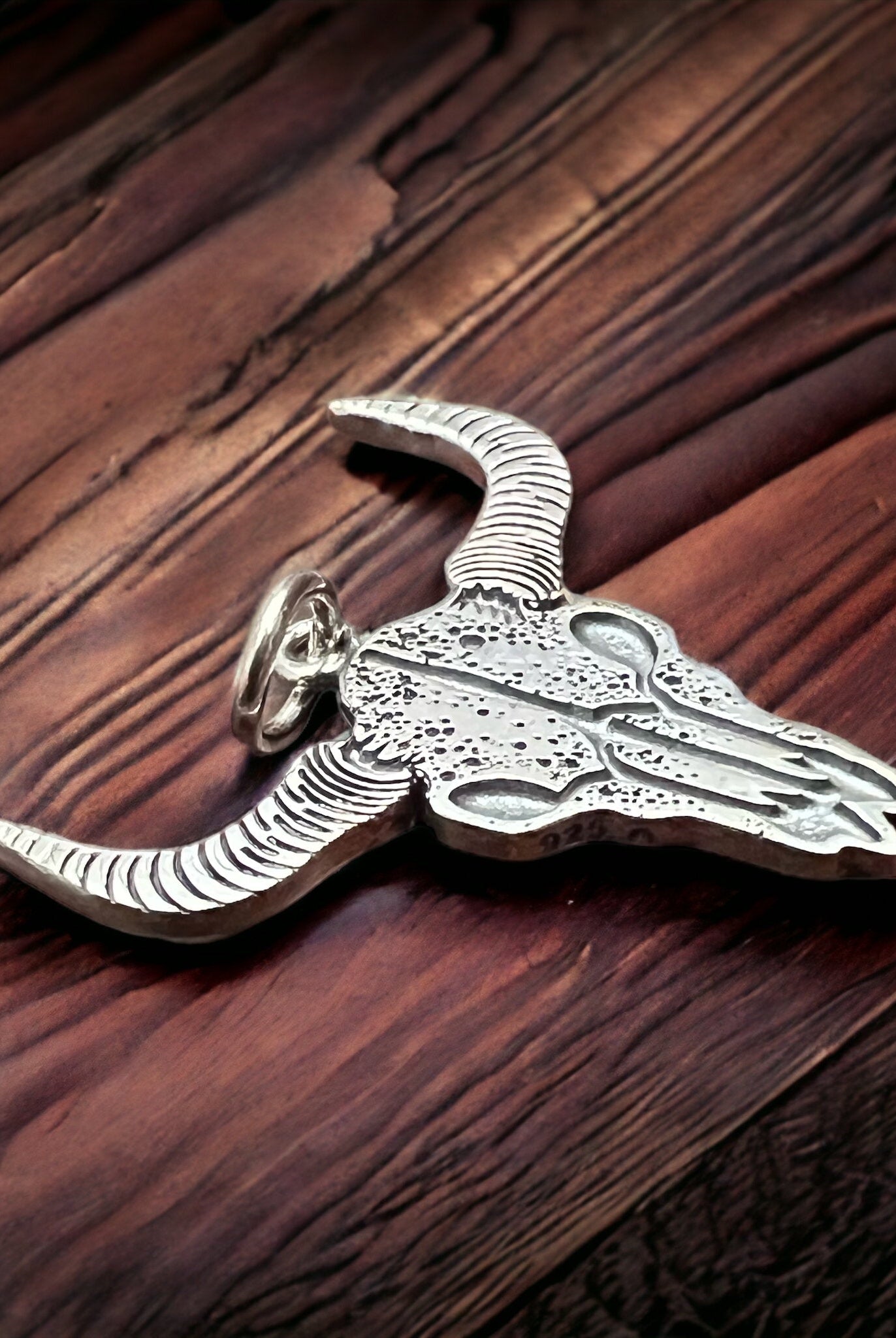 Sterling cow skull charm/pendant - Cowhide and Conchos