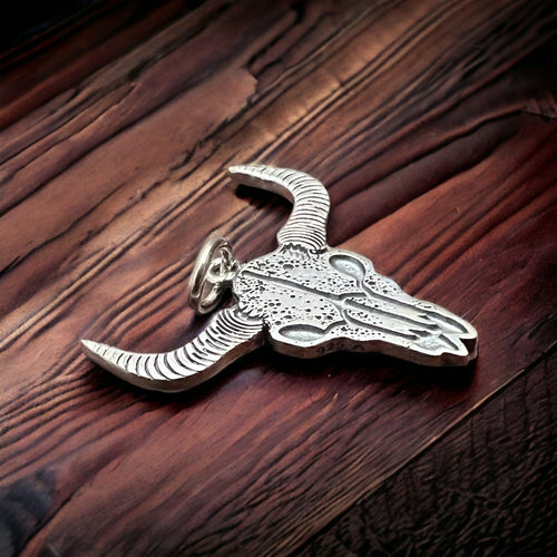 Sterling cow skull charm/pendant - Cowhide and Conchos