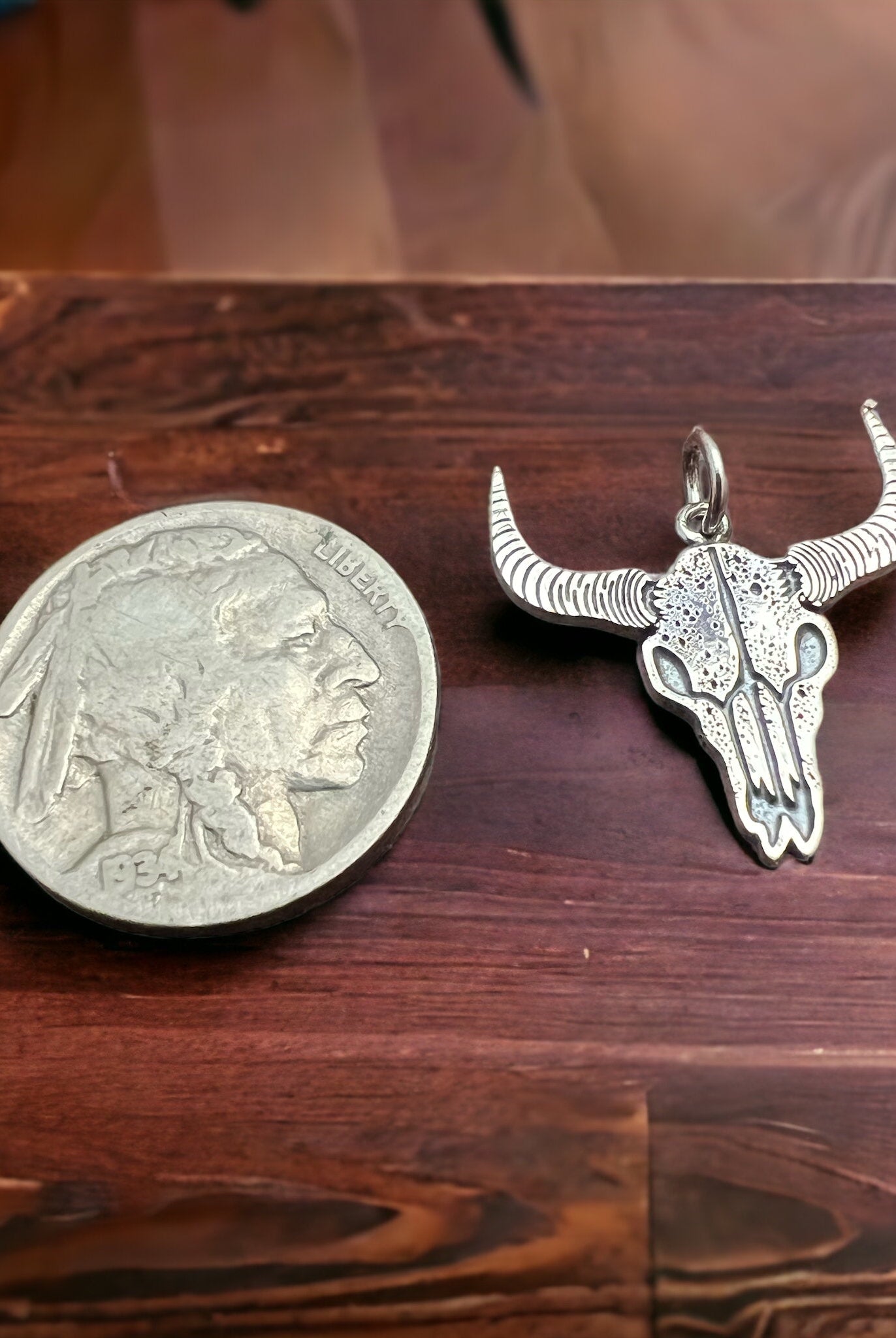 Sterling cow skull charm/pendant - Cowhide and Conchos