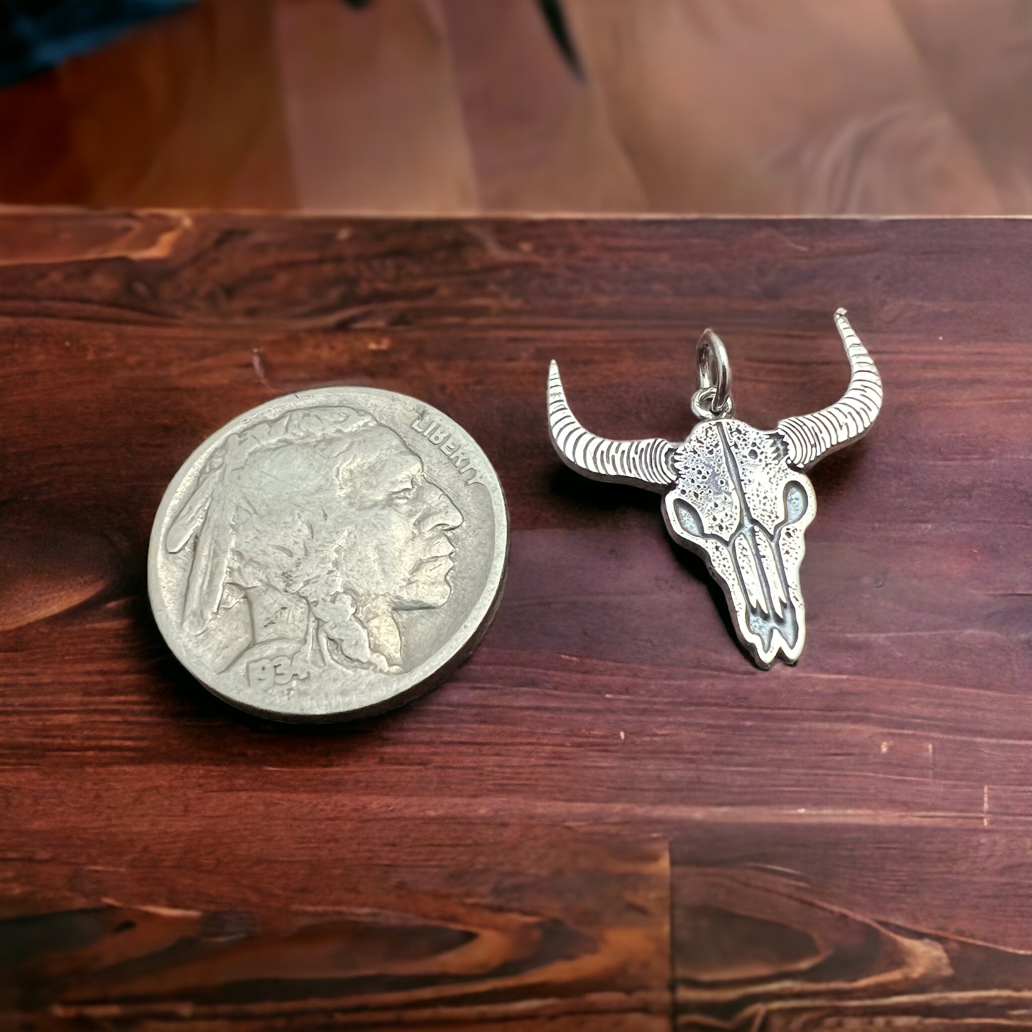 Sterling cow skull charm/pendant - Cowhide and Conchos