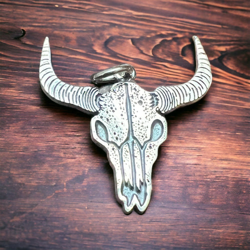Sterling cow skull charm/pendant - Cowhide and Conchos