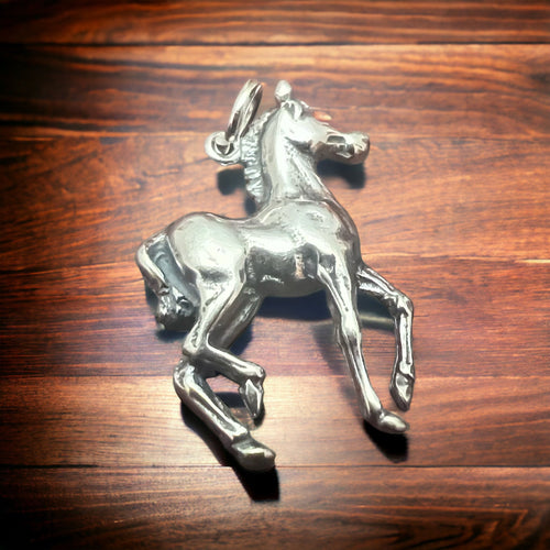 Sterling Silver Pony Charm - Cowhide and Conchos