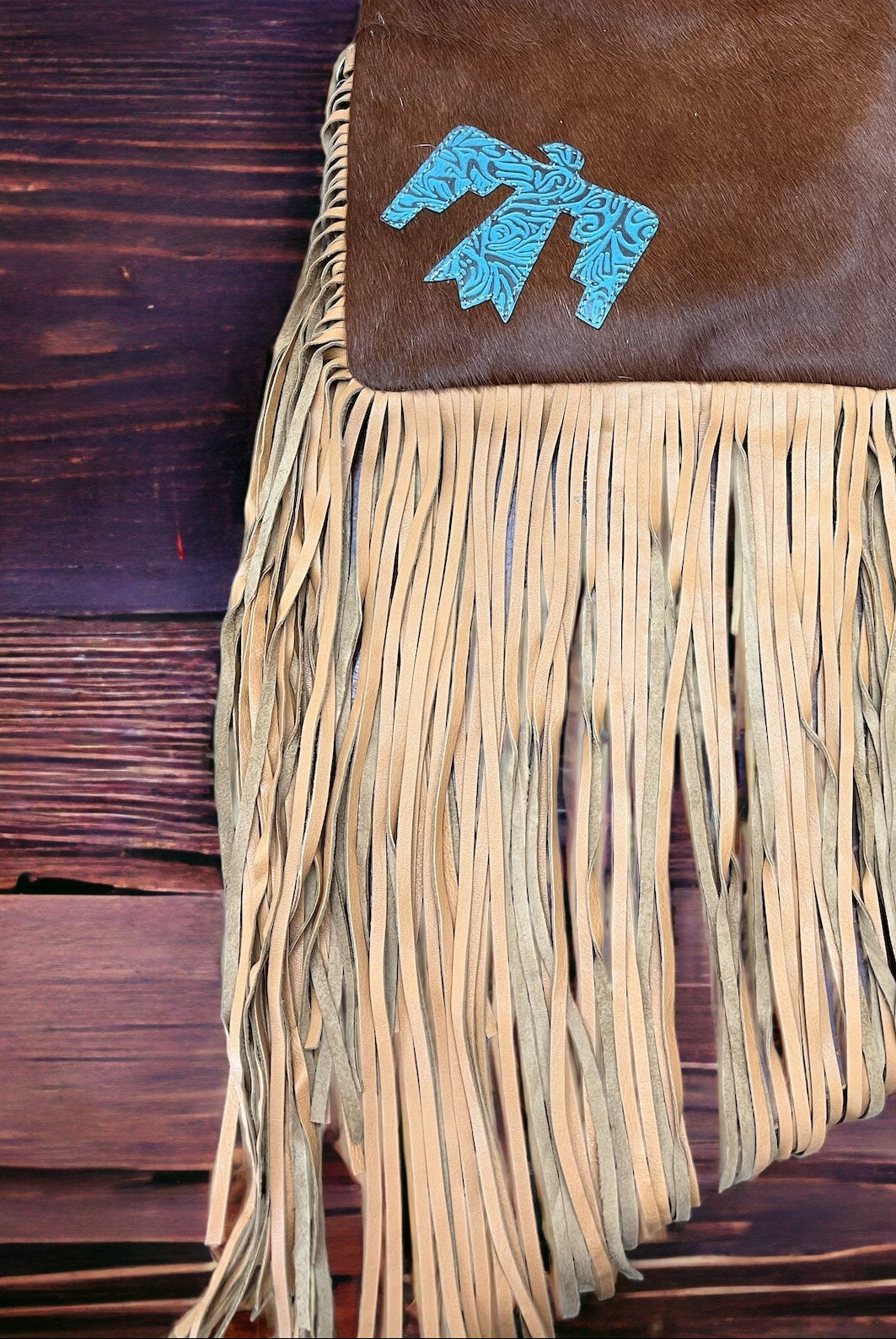 Thunderbird Cowhide Crossbody - Tooled Leather Cowhide Clutch - Cowhide and Conchos