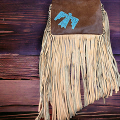 Thunderbird Cowhide Crossbody - Tooled Leather Cowhide Clutch - Cowhide and Conchos