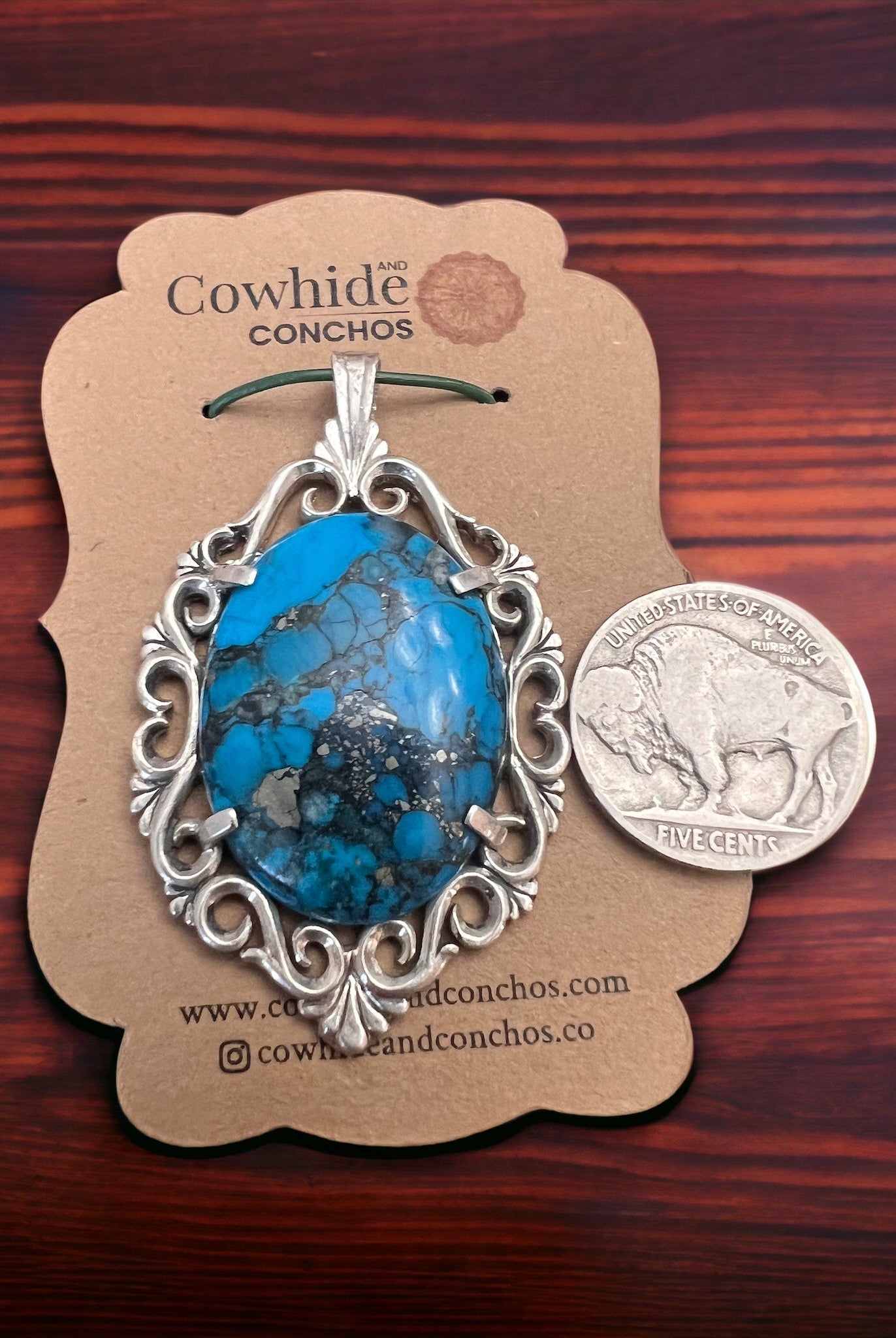 Turquoise pendant - gorgeous turquoise cabochon on cast sterling base - Cowhide and Conchos