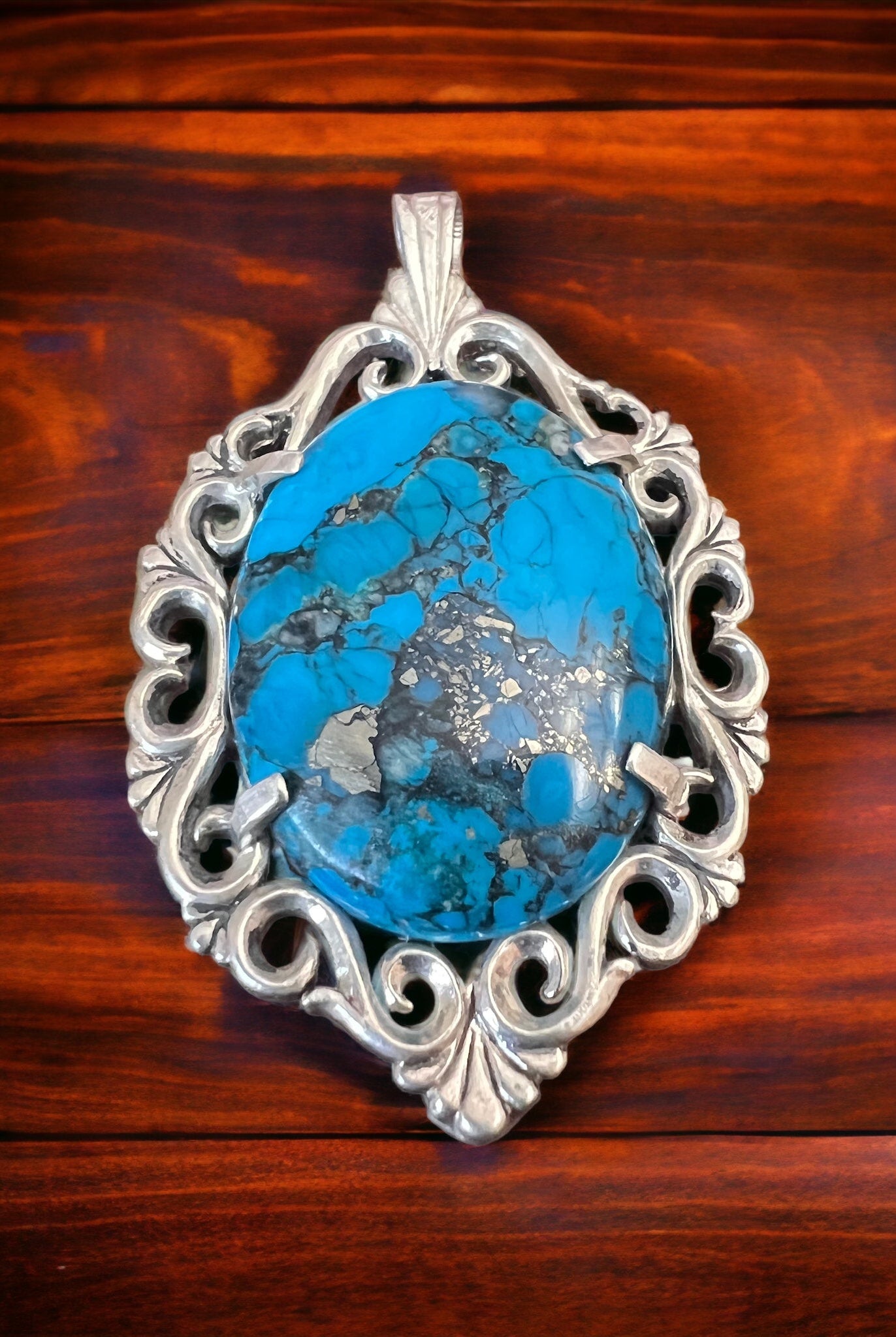 Turquoise pendant - gorgeous turquoise cabochon on cast sterling base - Cowhide and Conchos