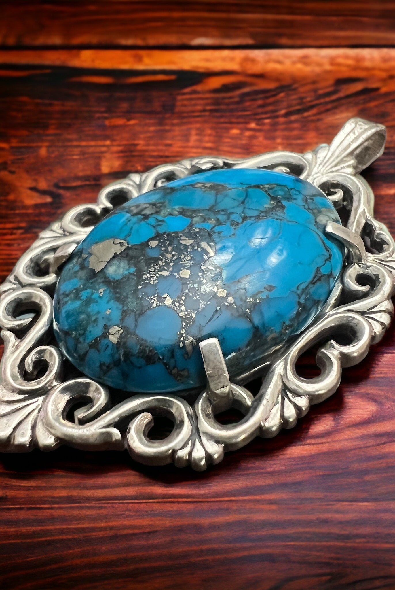 Turquoise pendant - gorgeous turquoise cabochon on cast sterling base - Cowhide and Conchos
