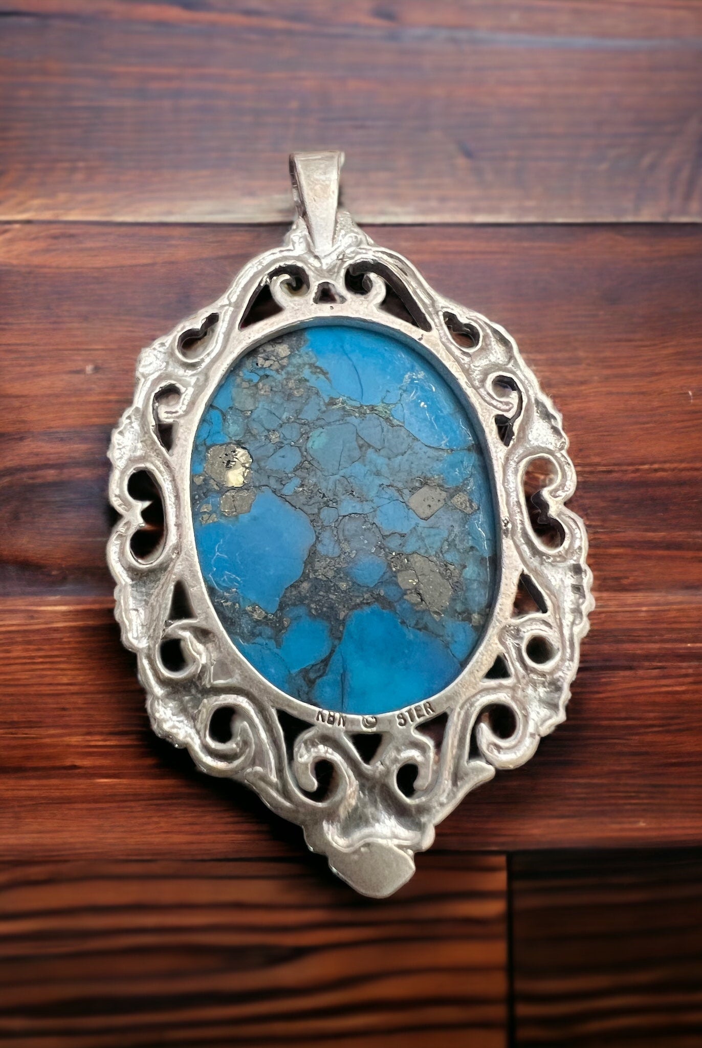 Turquoise pendant - gorgeous turquoise cabochon on cast sterling base - Cowhide and Conchos