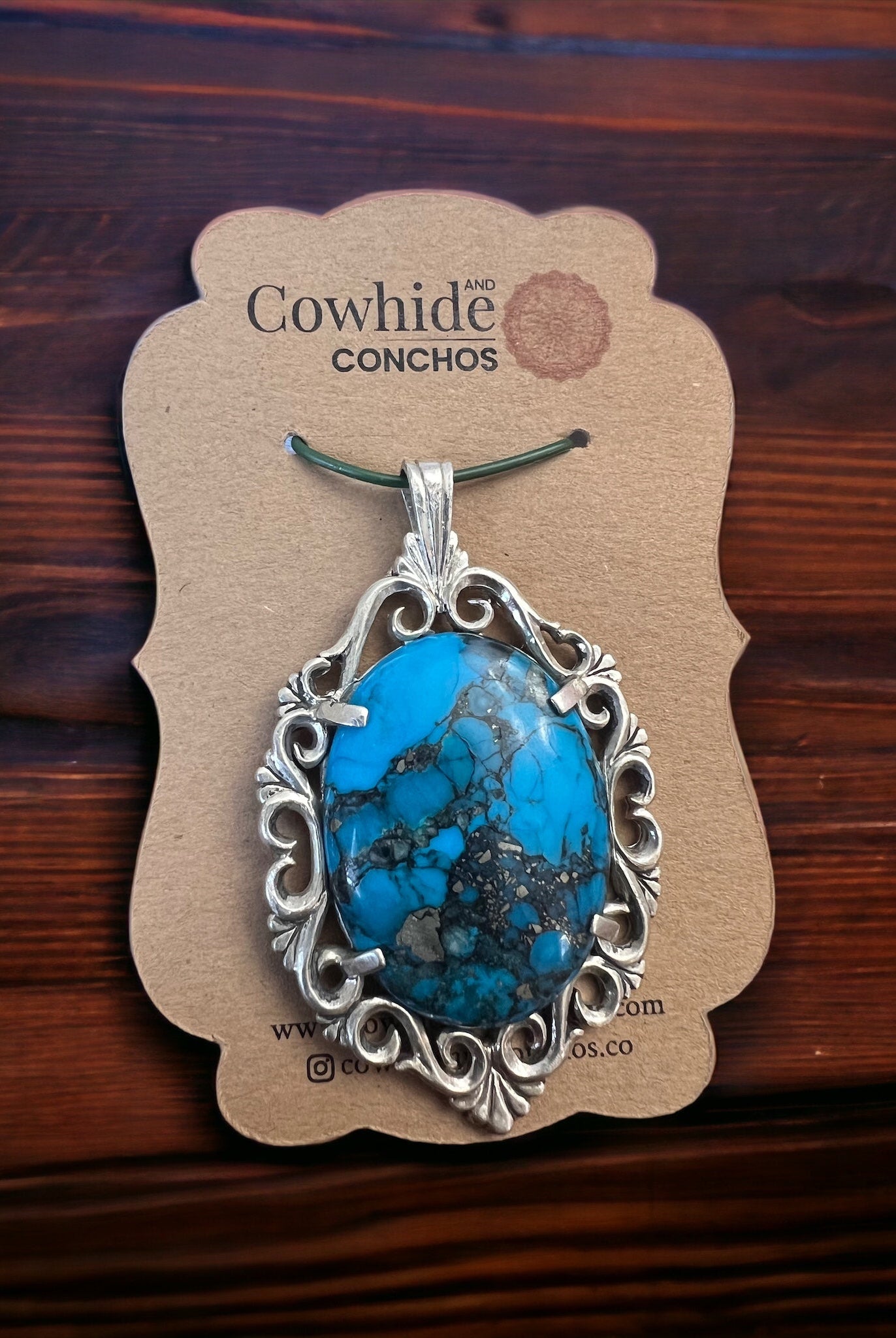 Turquoise pendant - gorgeous turquoise cabochon on cast sterling base - Cowhide and Conchos