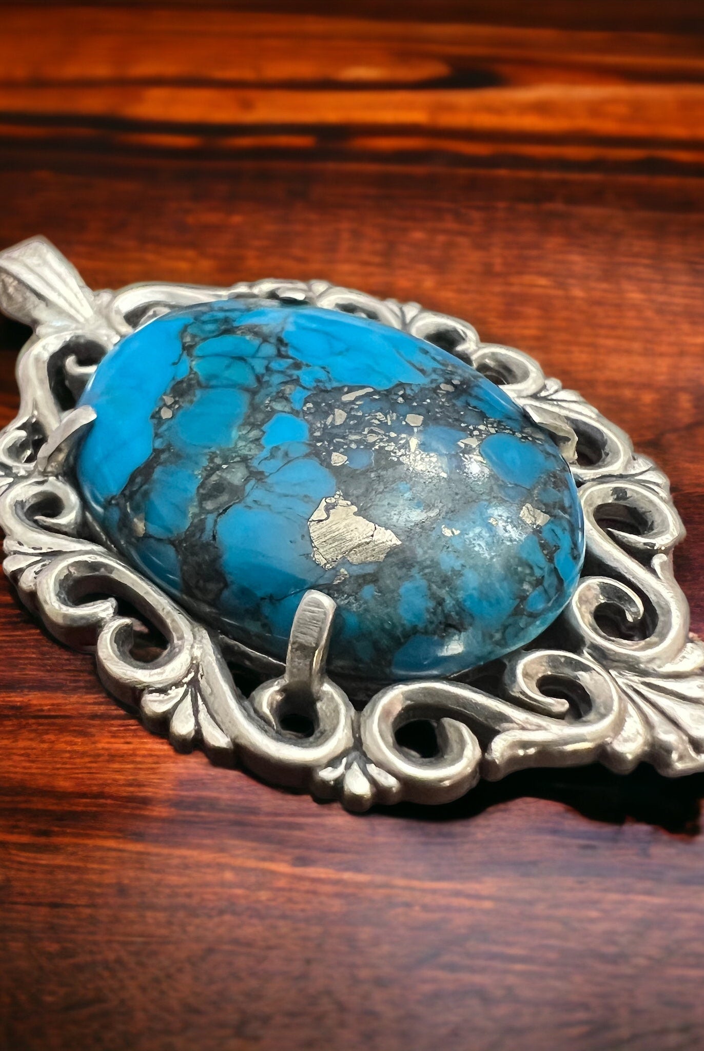 Turquoise pendant - gorgeous turquoise cabochon on cast sterling base - Cowhide and Conchos