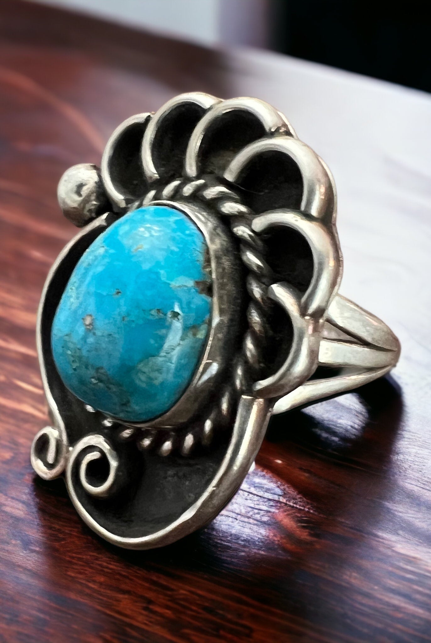 Turquoise ring - beautiful large cabochon on shadow box style base - Size 6 - Cowhide and Conchos