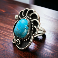 Turquoise ring - beautiful large cabochon on shadow box style base - Size 6 - Cowhide and Conchos