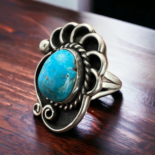 Turquoise ring - beautiful large cabochon on shadow box style base - Size 6 - Cowhide and Conchos