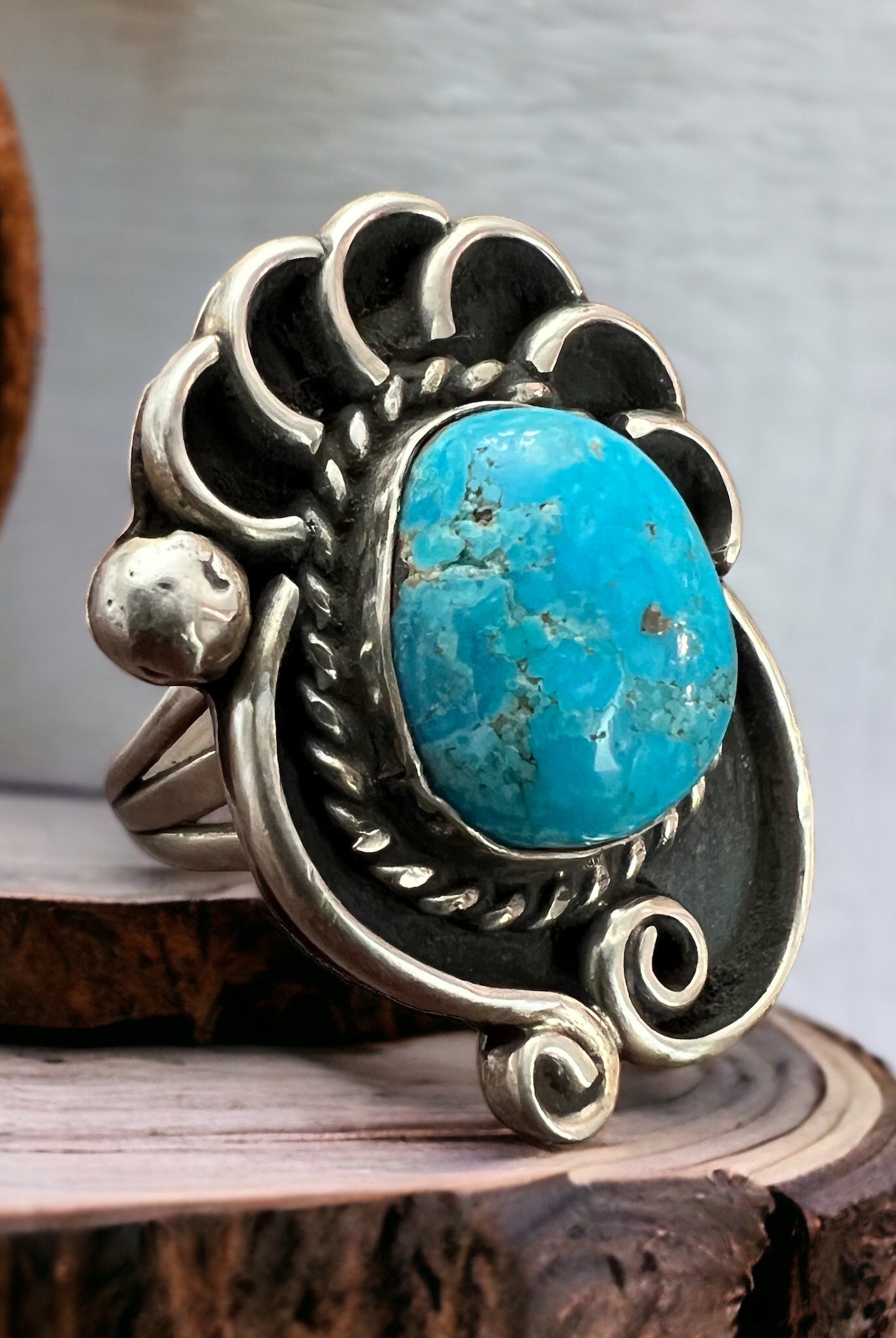 Turquoise ring - beautiful large cabochon on shadow box style base - Size 6 - Cowhide and Conchos